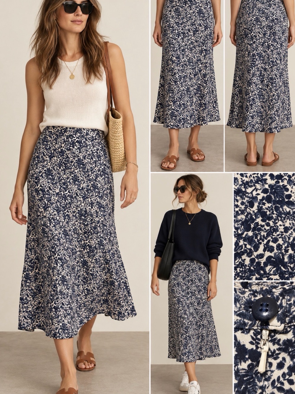 Casual Corner Vintage 90s Silk Blue and White Floral Midi Skirt 6